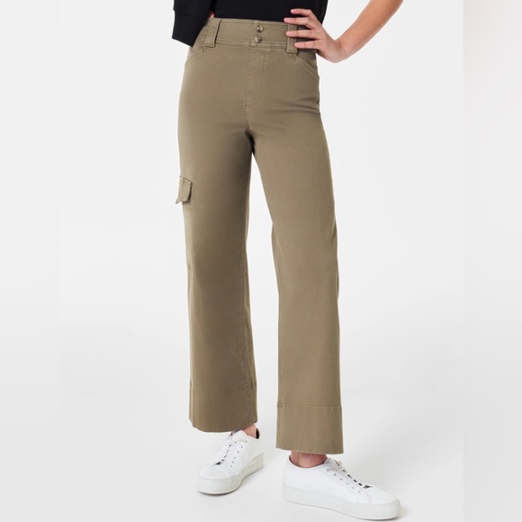 SPANX Stretch Twill Cropped Wide‎ Leg Trouser Pant Tuscan Olive SZ L - Picture 1 of 11